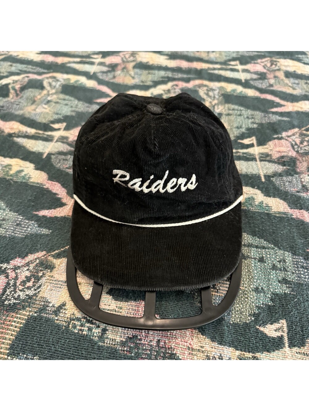 Vintage 70s/80s Black LA Raiders USA RARE Script Strapback Hat w/Rope Corduroy